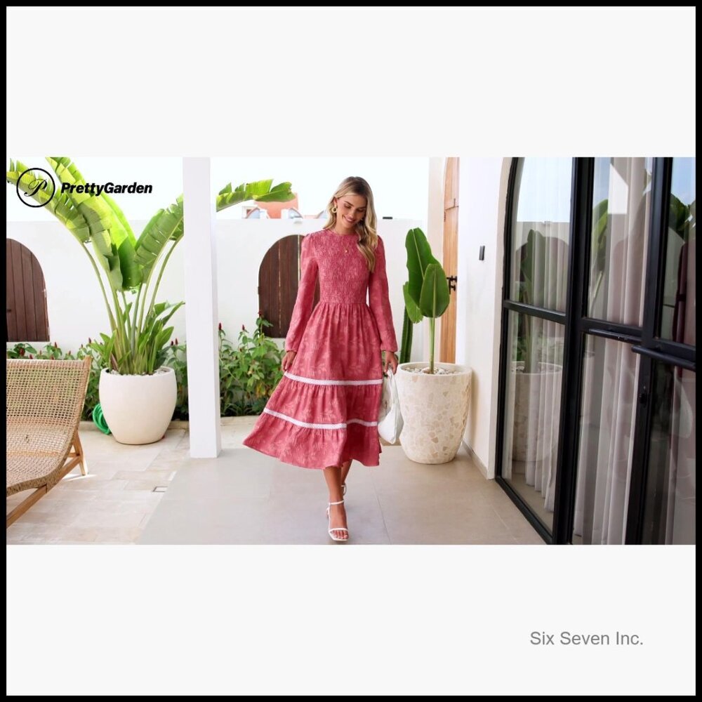Long Sleeve Smocked Midi Dress Floral Boho Flowy Wedding Guest - Picture 7 of 7